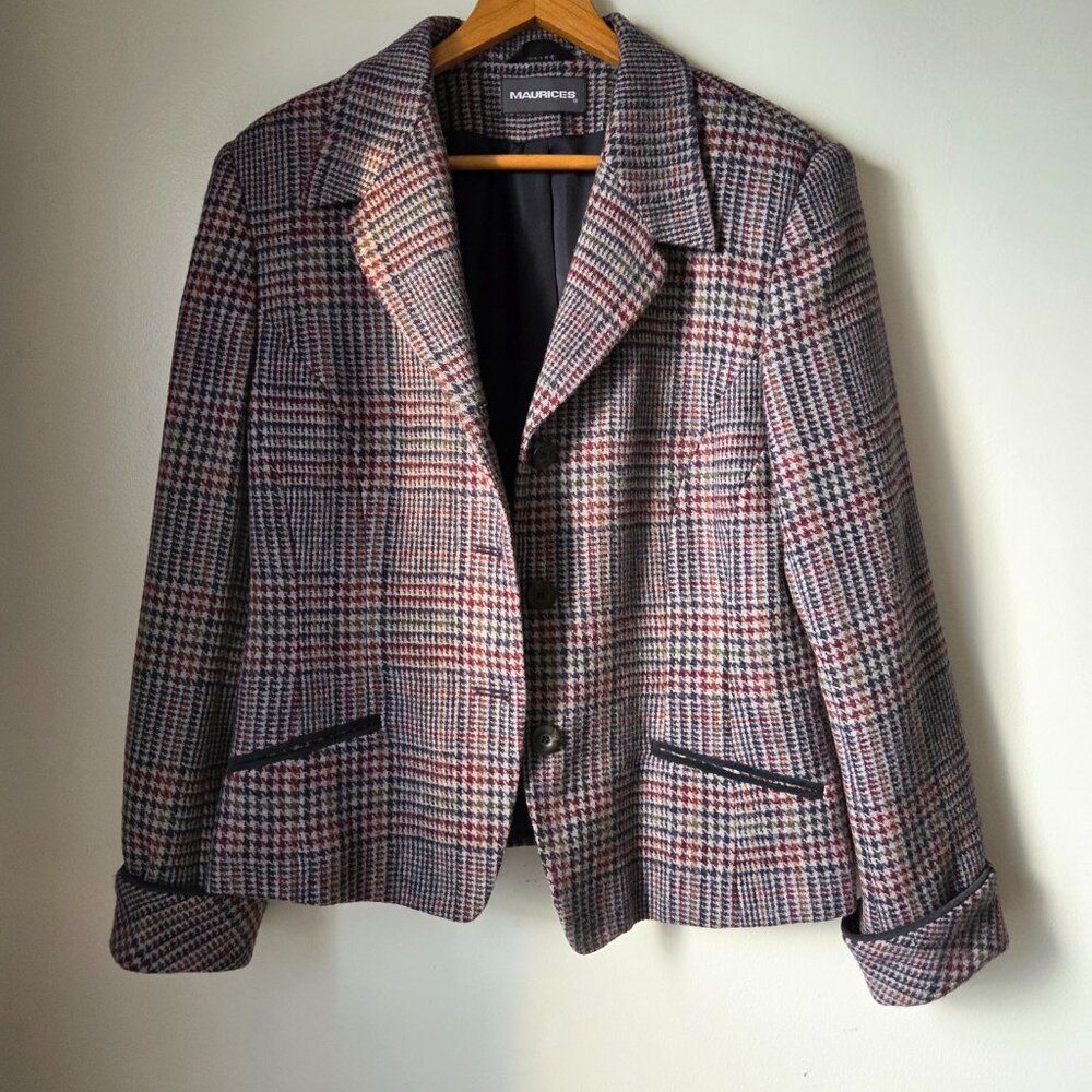 EUC VINTAGE MAURICES 100% WOOL HOUNDSTOOTH BLAZER JACKET SIZE LARGE